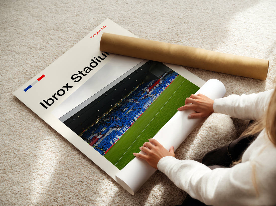 Ibrox Stadium Print being unrolled from its postal tube