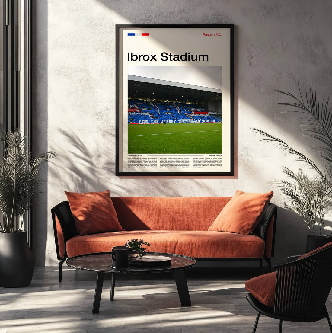 Ibrox Stadium Print framed on the wall of a modern living room