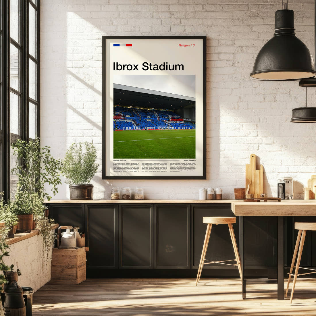 Ibrox Stadium Print framed on the wall of a bright kitchen and dining space
