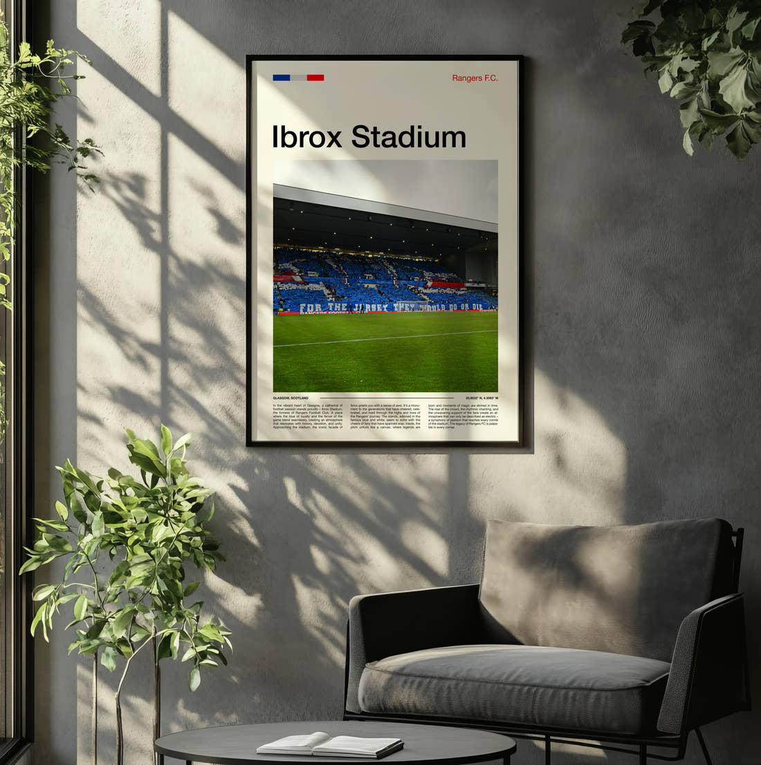 Ibrox Stadium Print framed on the wall of a relaxed living room