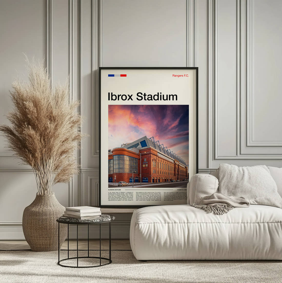 Ibrox Stadium Print framed on the wall of a calm, neutral bedroom