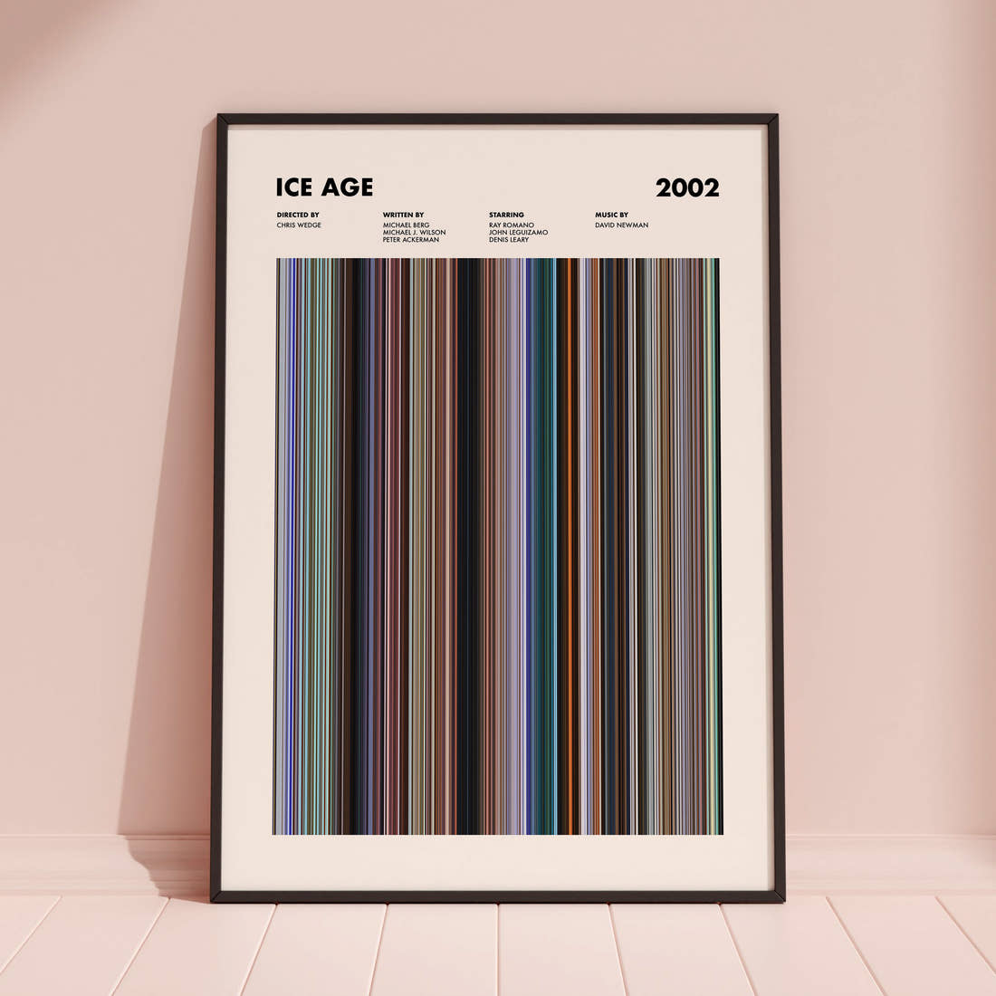 Ice Age Movie Barcode Poster framed and leaning against a coloured wall