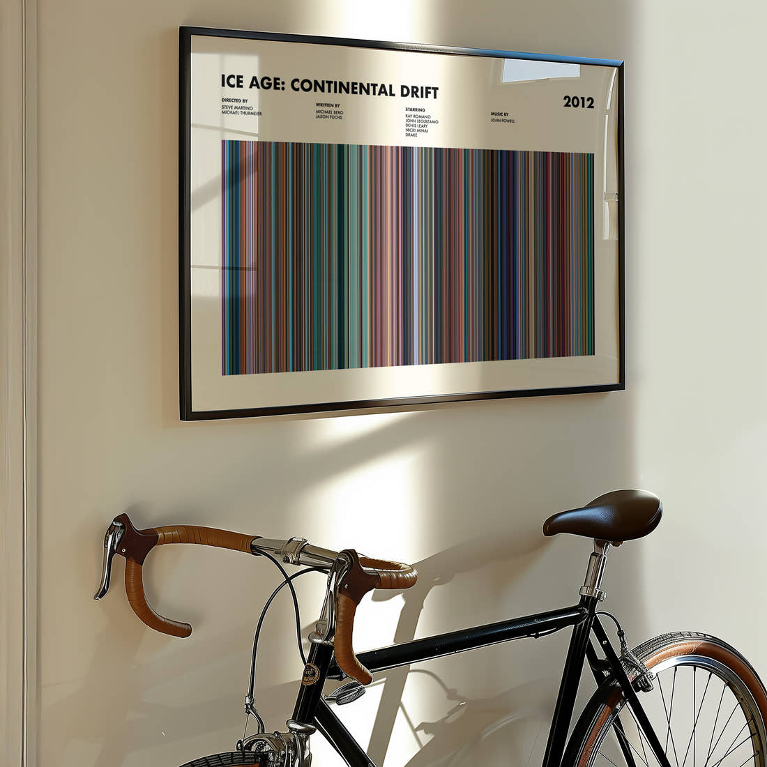 Ice Age: Continental Drift Movie Barcode Poster framed on the wall of a styled room setting