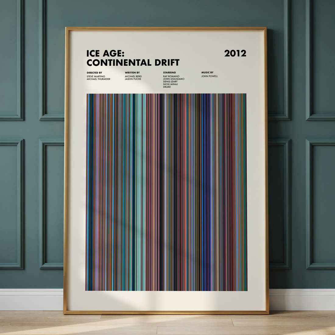 Ice Age: Continental Drift Movie Barcode Poster framed and leaning against a panelled wall