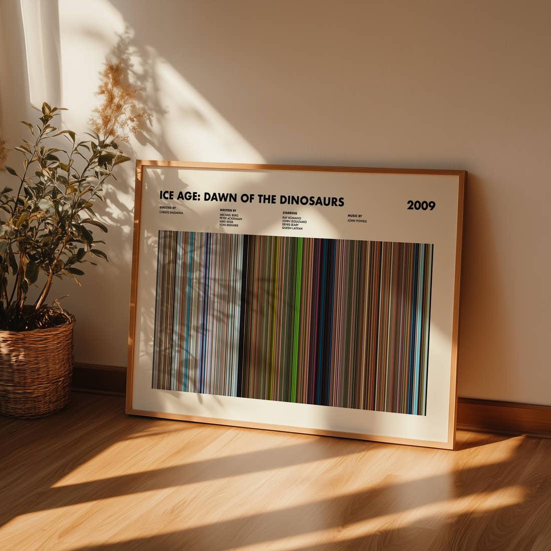 Ice Age: Dawn of the Dinosaurs Movie Barcode Poster framed and leaning against a wall on a wooden floor