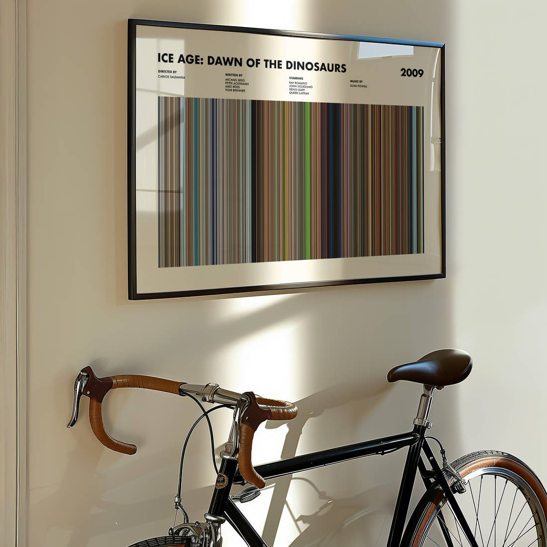 Ice Age: Dawn of the Dinosaurs Movie Barcode Poster framed on the wall of a styled room setting