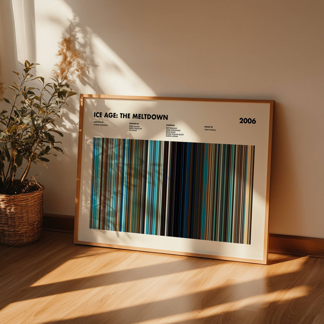 Ice Age: The Meltdown Movie Barcode Poster framed and leaning against a wall on a wooden floor