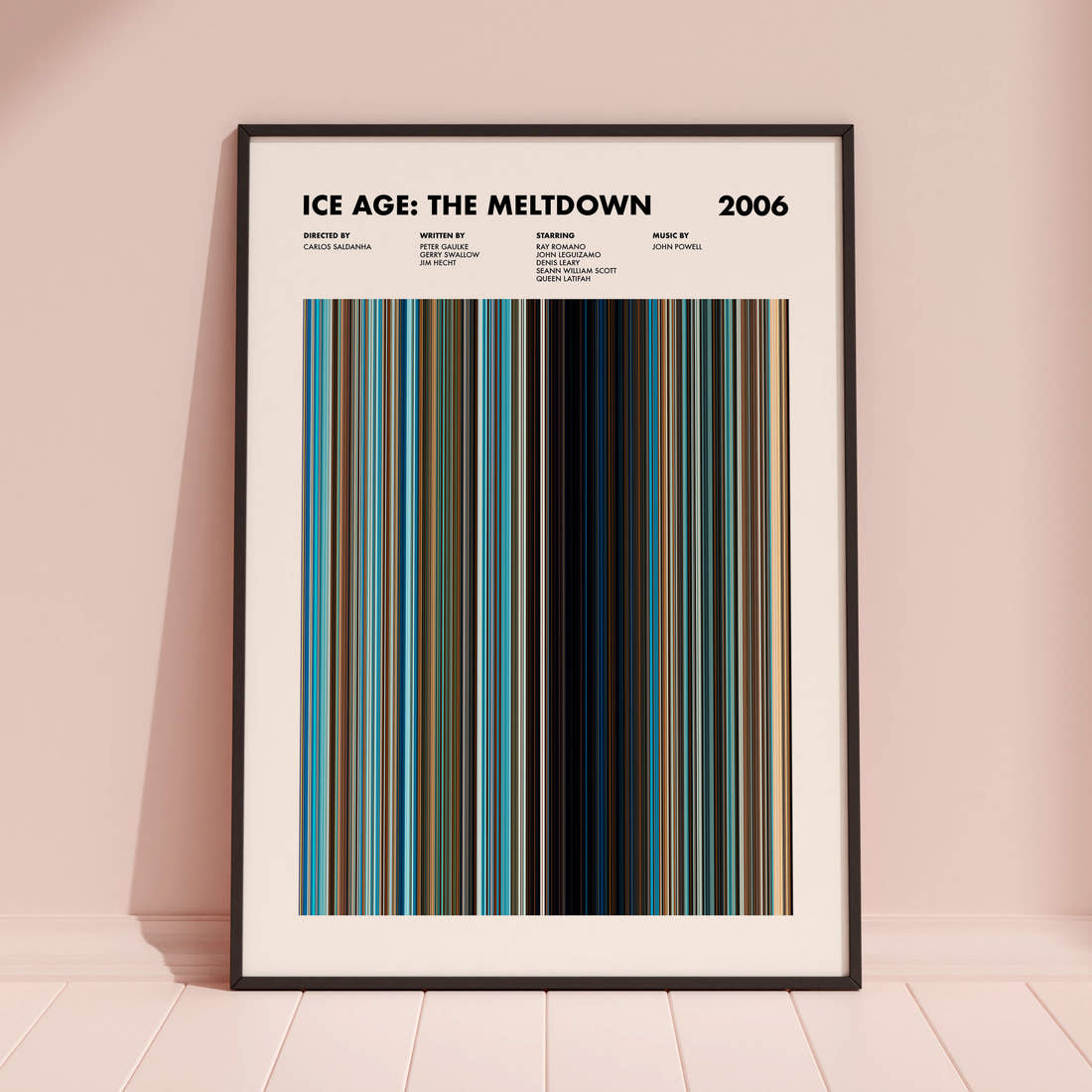Ice Age: The Meltdown Movie Barcode Poster framed and leaning against a coloured wall
