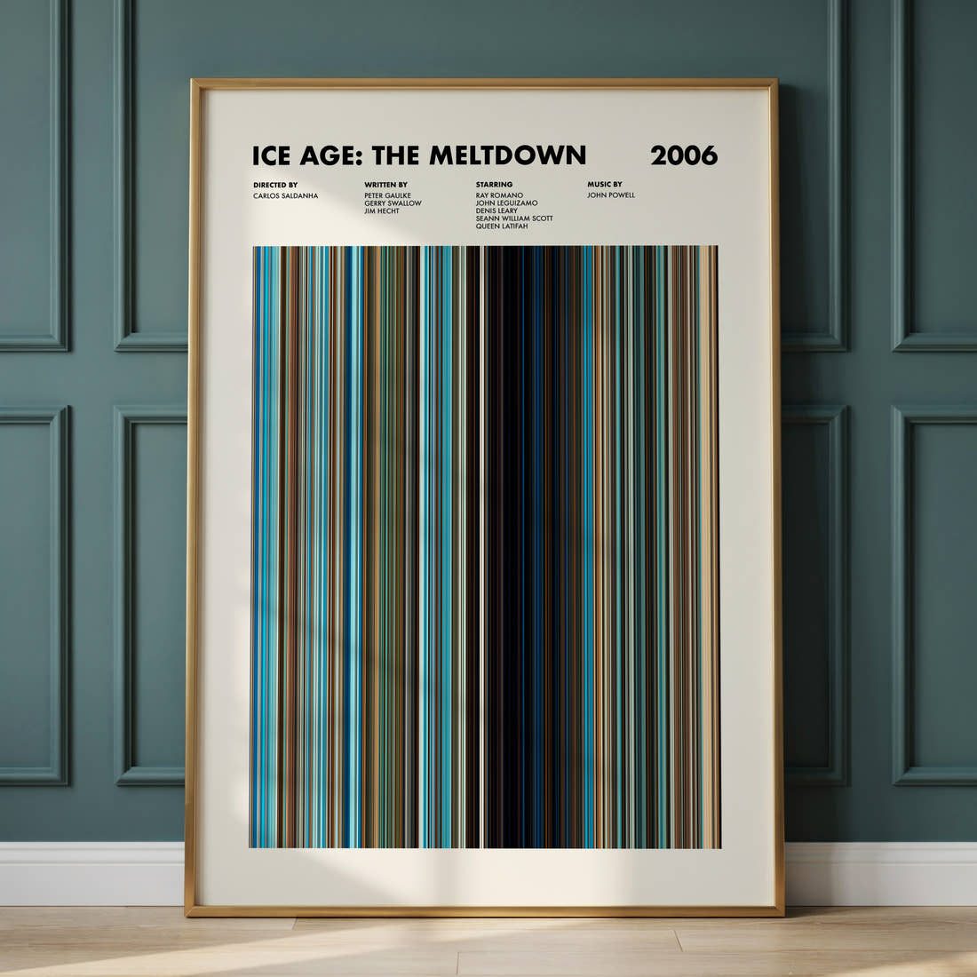 Ice Age: The Meltdown Movie Barcode Poster framed and leaning against a panelled wall