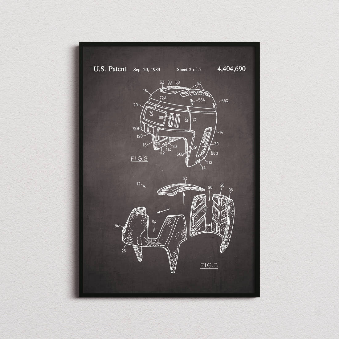 Ice Hockey Helmet Patent Print in the blackboard colourway, framed
