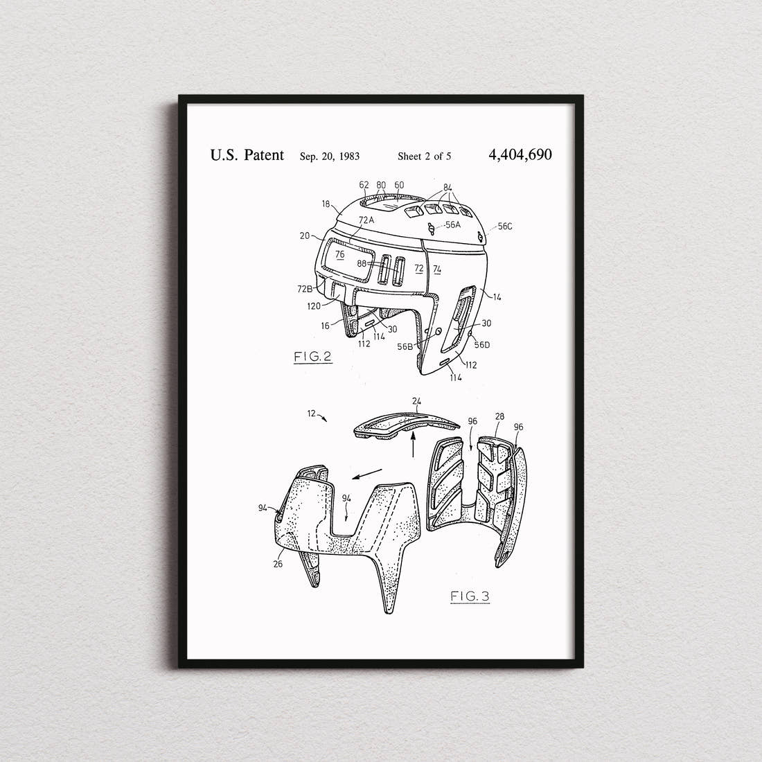 Ice Hockey Helmet Patent Print in the white colourway, framed