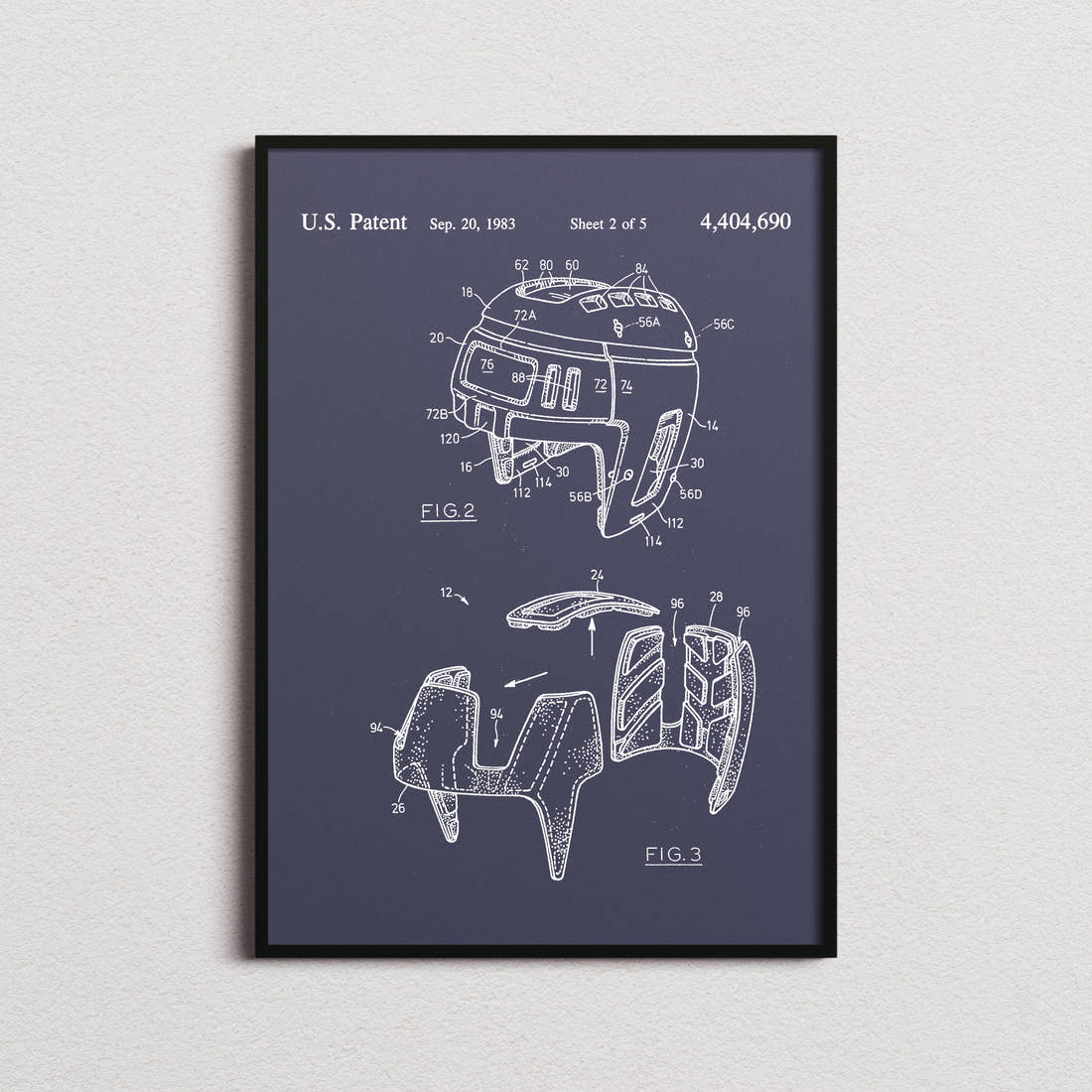 Ice Hockey Helmet Patent Print in the navy colourway, framed