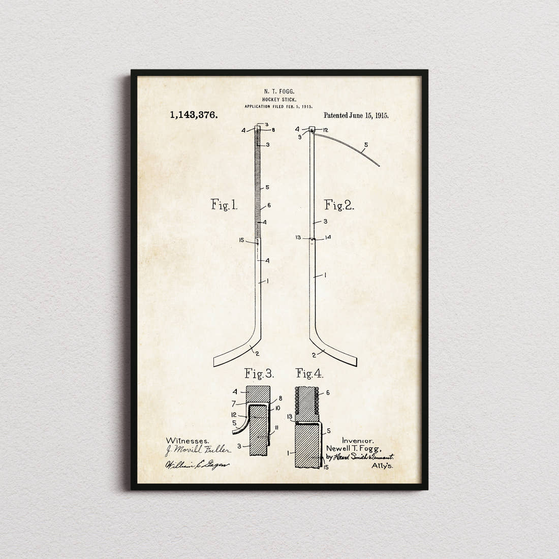 Ice Hockey Stick Patent Print in the aged paper colourway, framed