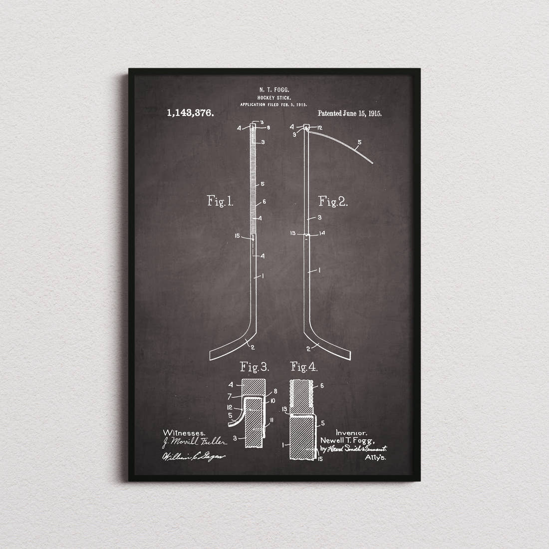 Ice Hockey Stick Patent Print in the blackboard colourway, framed
