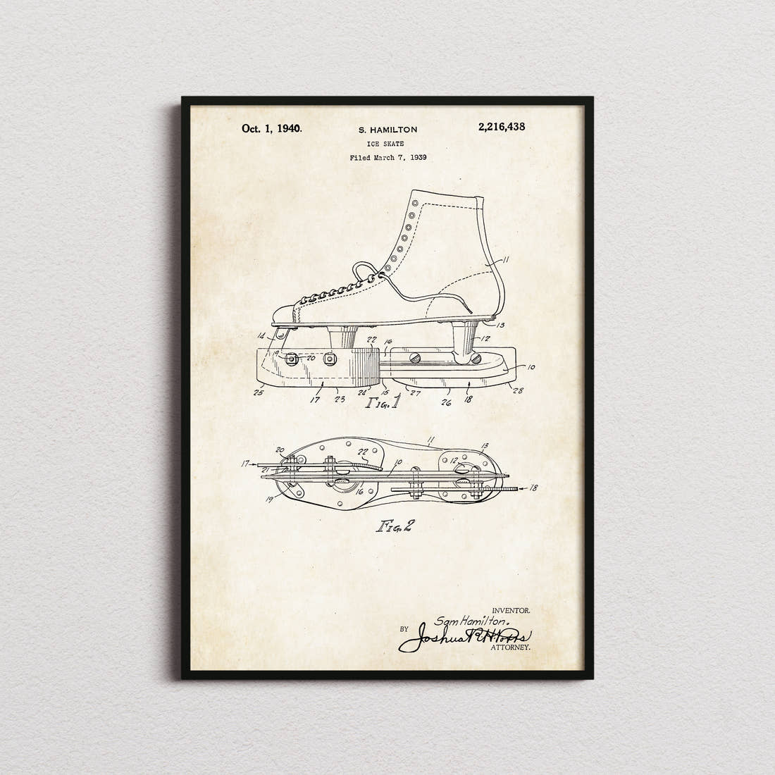 Ice Skate Patent Print in the aged paper colourway, framed