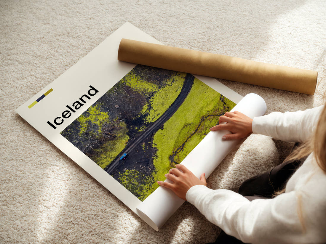 Iceland Road Through Green Moss Travel Print being unrolled from its postal tube