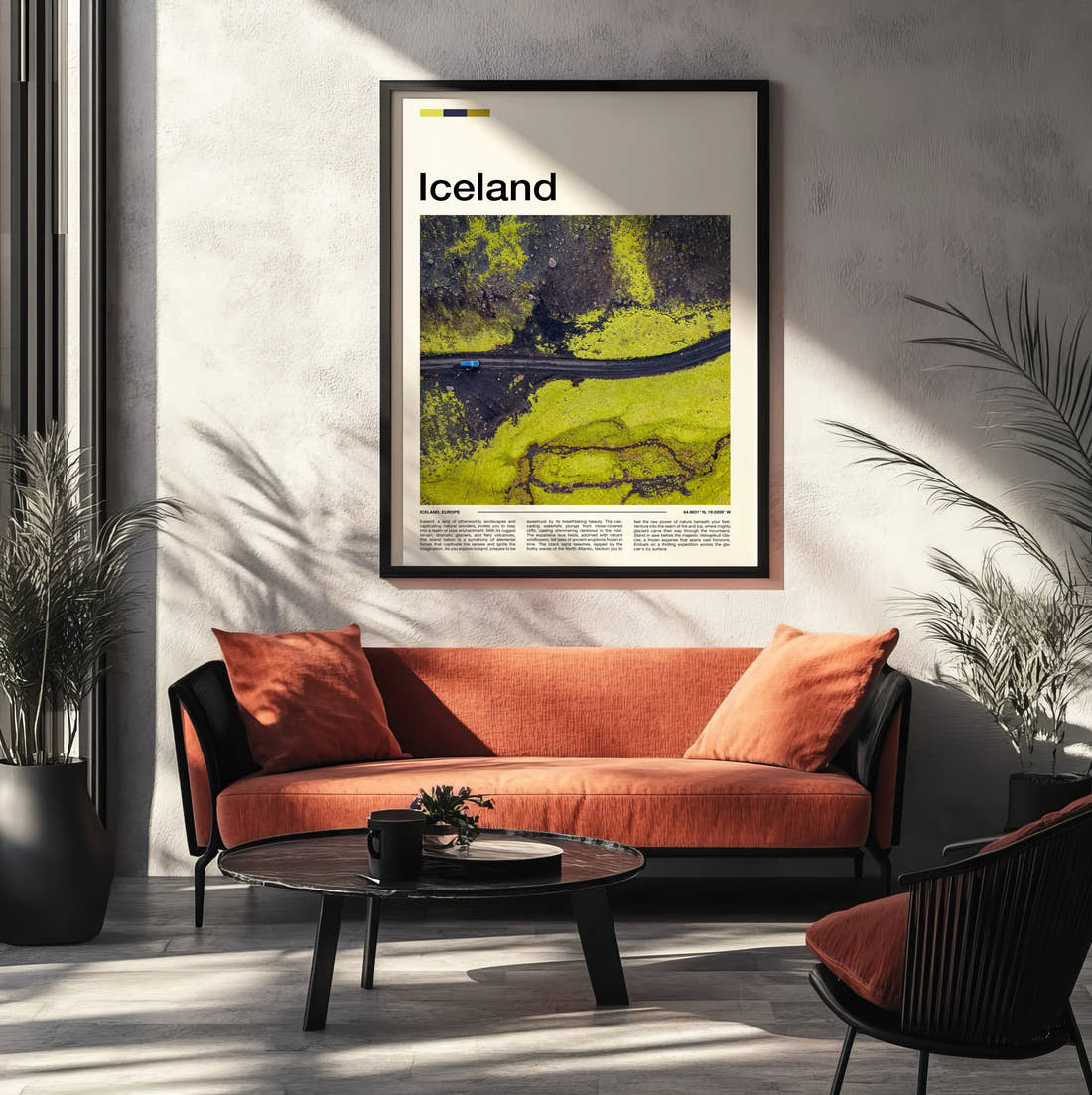 Iceland Road Through Green Moss Travel Print framed on the wall of a modern living room