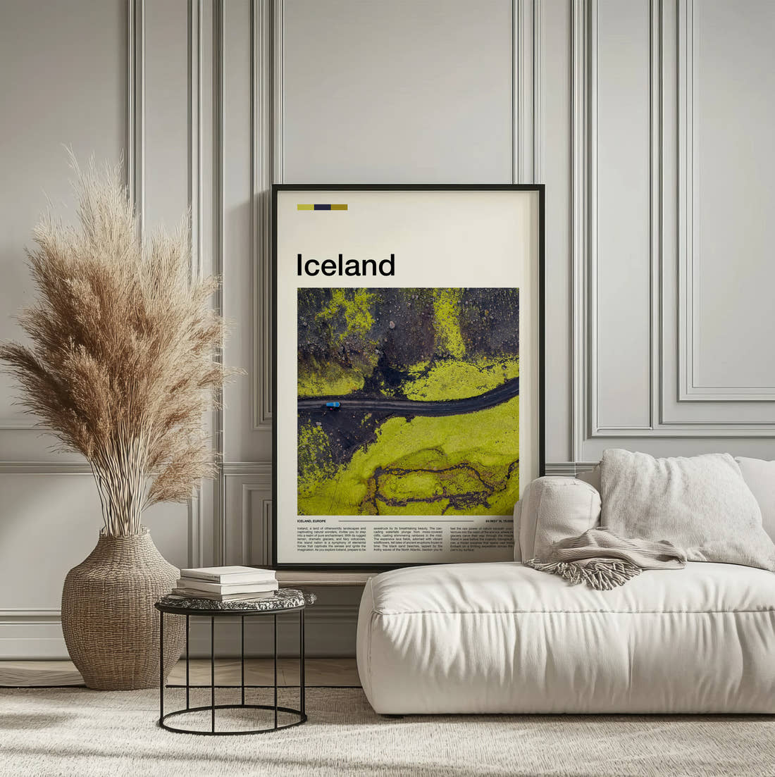 Iceland Road Through Green Moss Travel Print framed on the wall of a calm, neutral bedroom