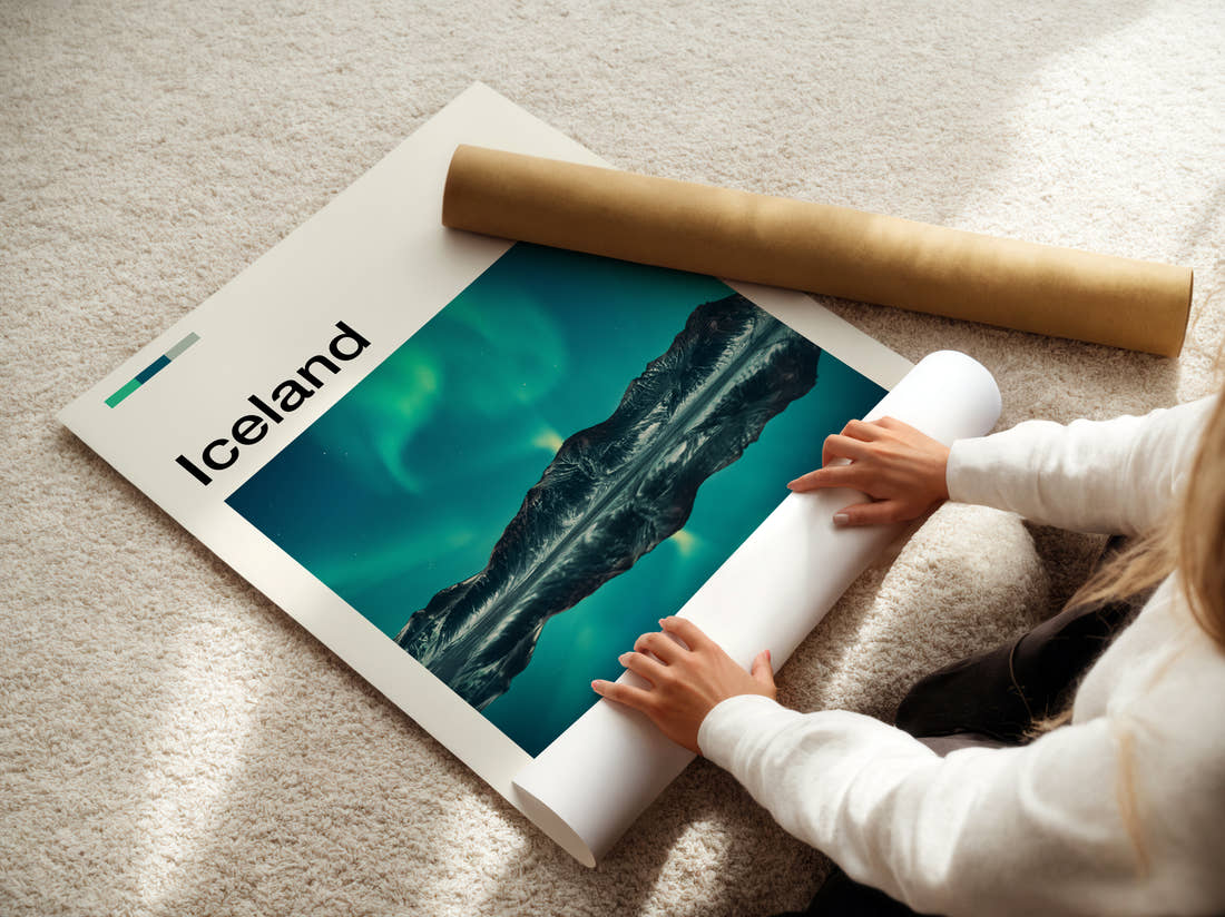 Iceland Aurora Borealis Travel Print being unrolled from its postal tube