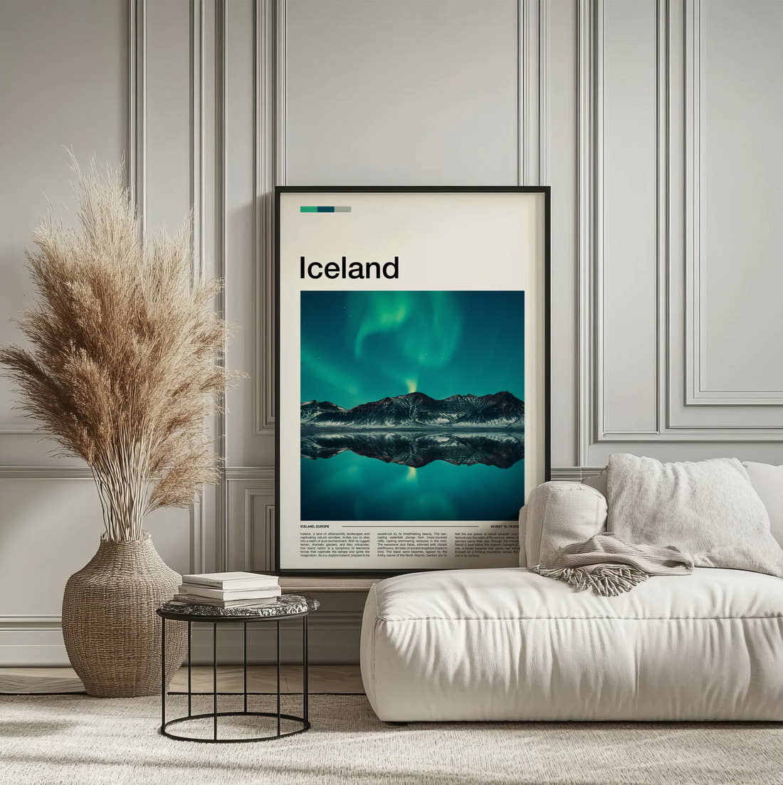 Iceland Aurora Borealis Travel Print framed on the wall of a calm, neutral bedroom