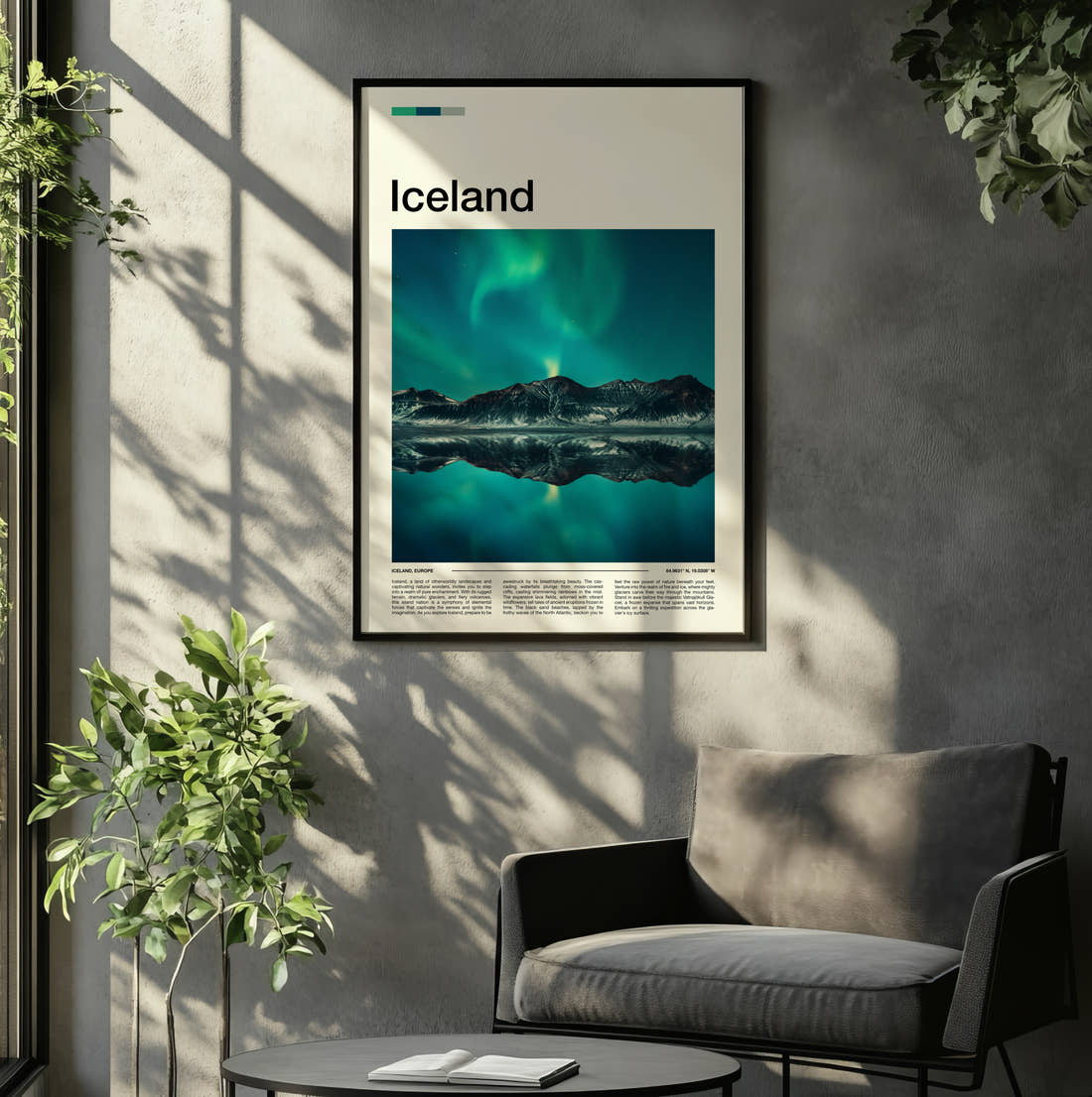 Iceland Aurora Borealis Travel Print framed on the wall of a relaxed living room