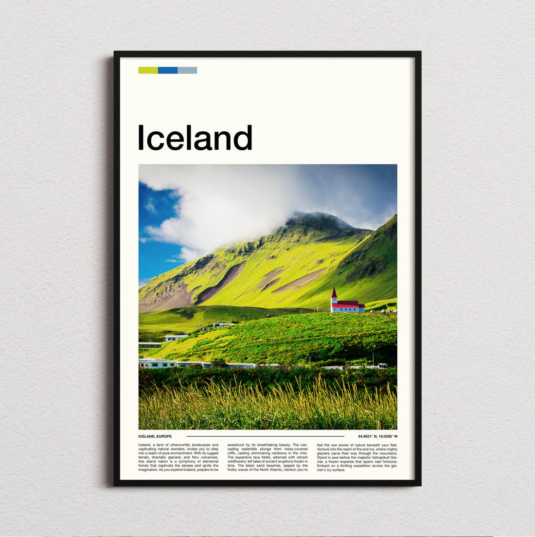 Iceland Church On Green Hillside Travel Print framed and photographed straight on