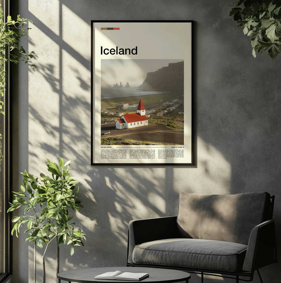 Iceland Vik Church Travel Print framed on the wall of a relaxed living room