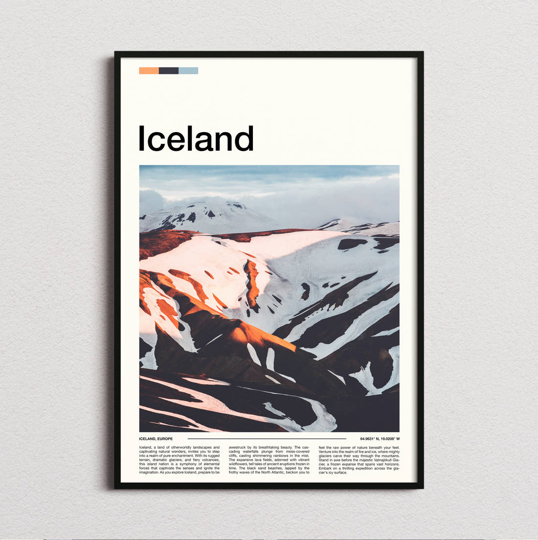 Iceland Snowy Volcanic Mountains Travel Print framed and photographed straight on