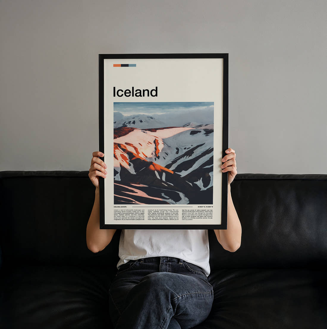 Iceland Snowy Volcanic Mountains Travel Print held up by hand to show the size of the print