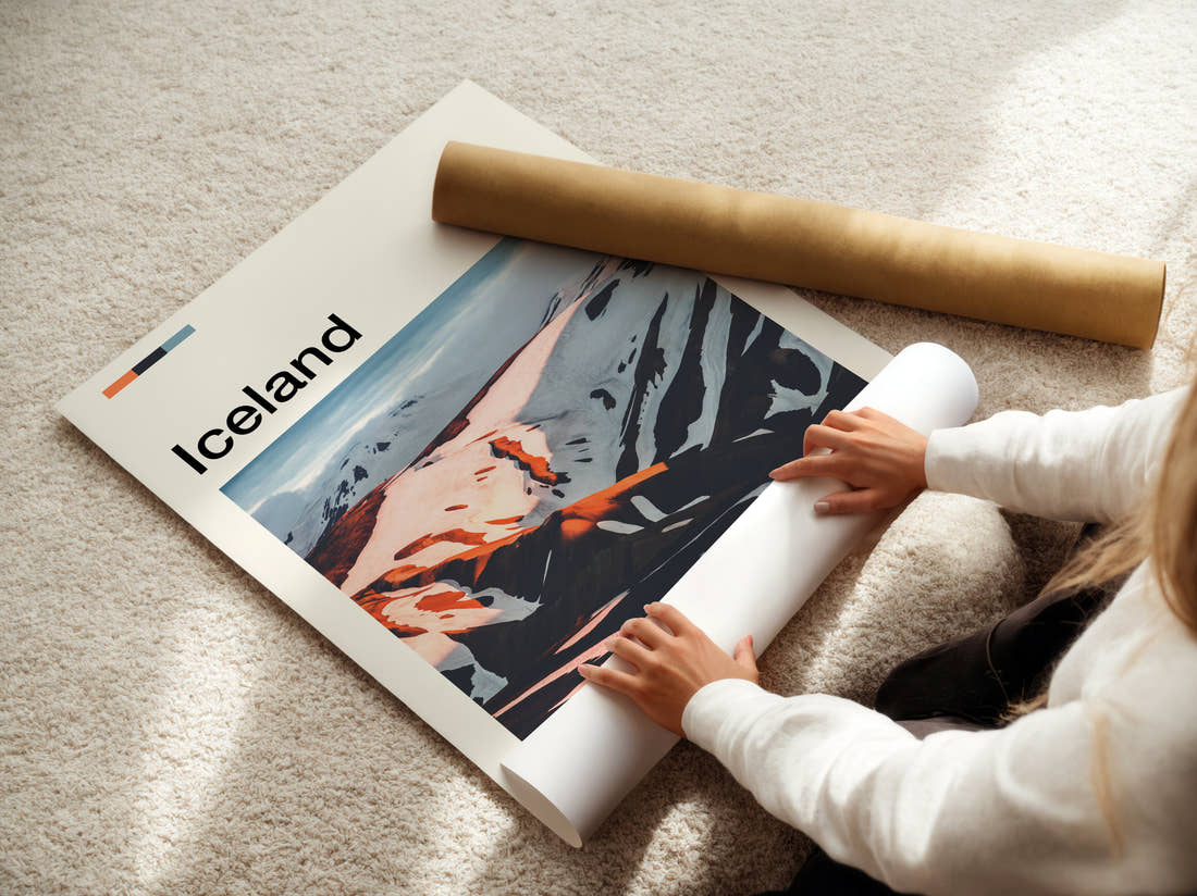 Iceland Snowy Volcanic Mountains Travel Print being unrolled from its postal tube