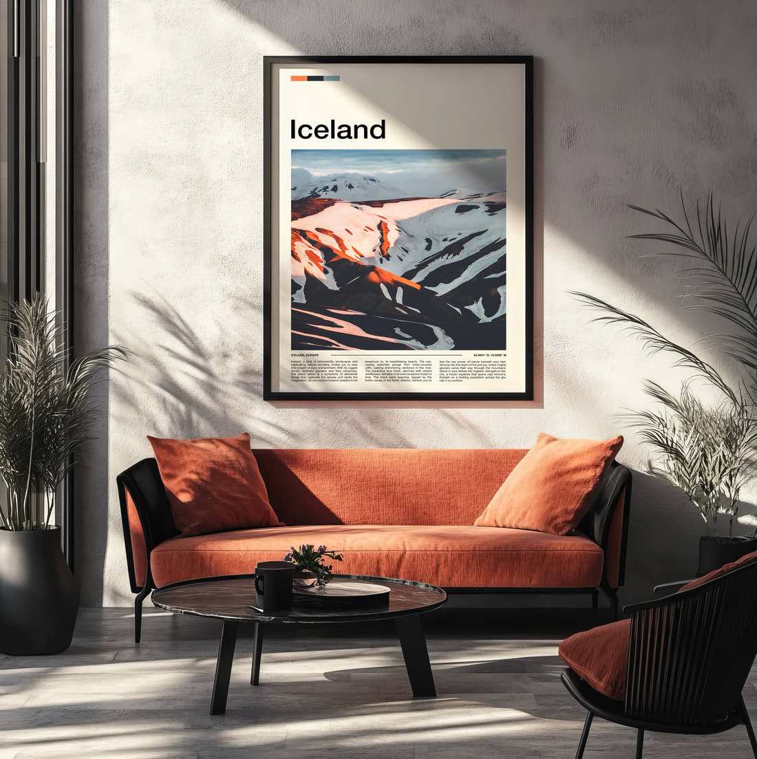 Iceland Snowy Volcanic Mountains Travel Print framed on the wall of a modern living room