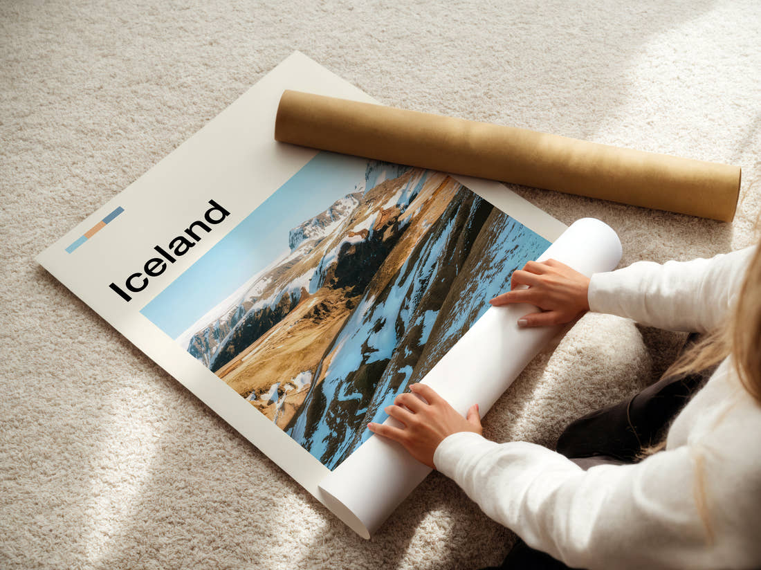 Iceland Snowy Valley Travel Print being unrolled from its postal tube
