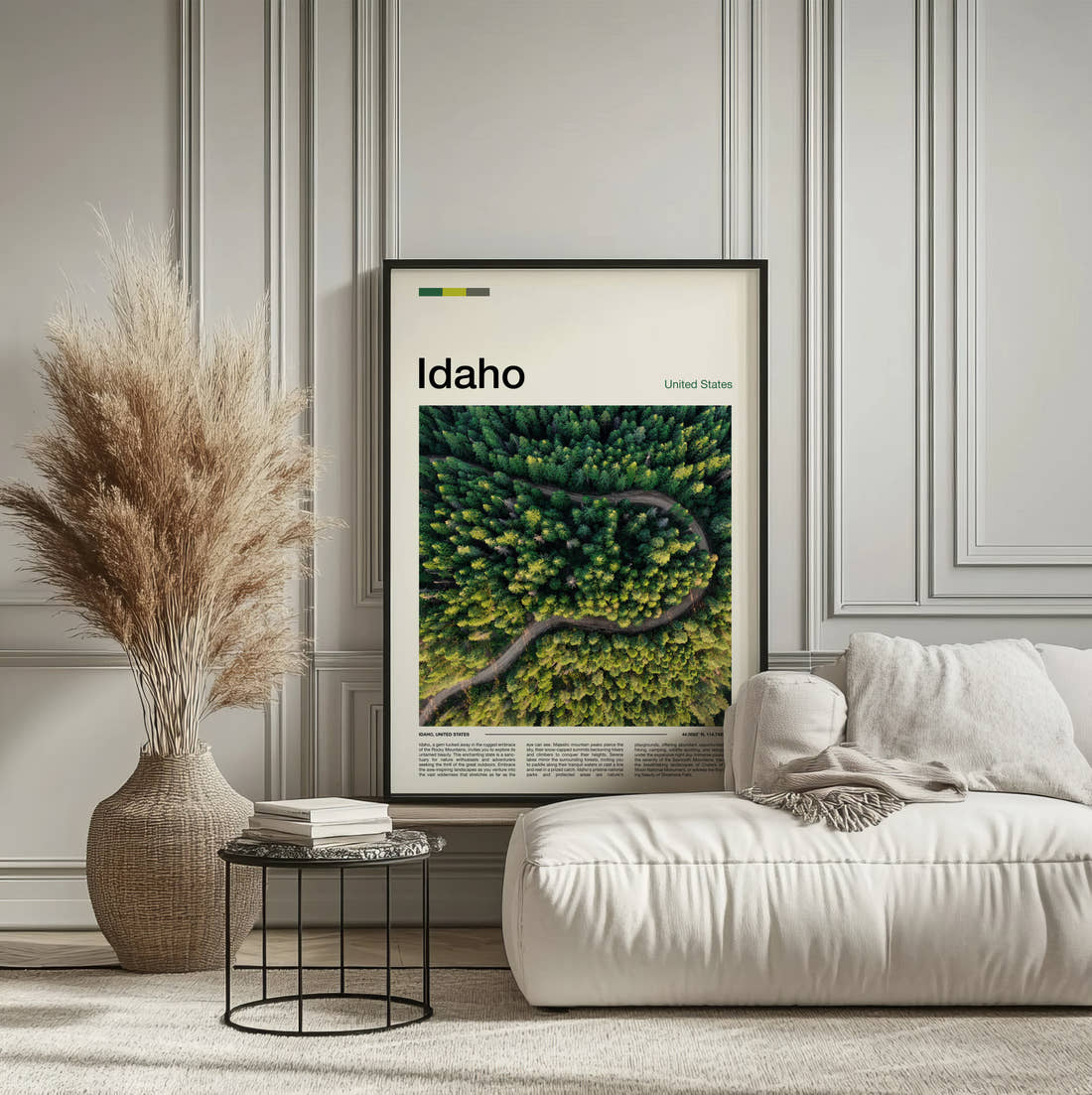 Idaho Winding Road Through Forest Travel Print framed on the wall of a calm, neutral bedroom