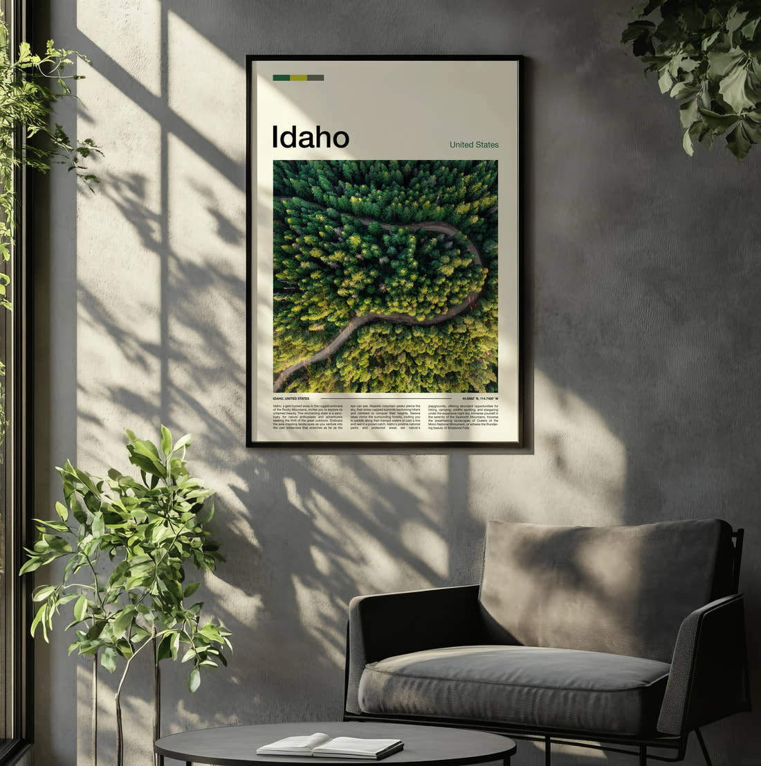 Idaho Winding Road Through Forest Travel Print framed on the wall of a relaxed living room