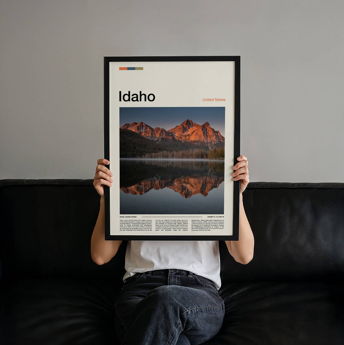 Idaho Sawtooth Mountains Reflected Travel Print held up by hand to show the size of the print