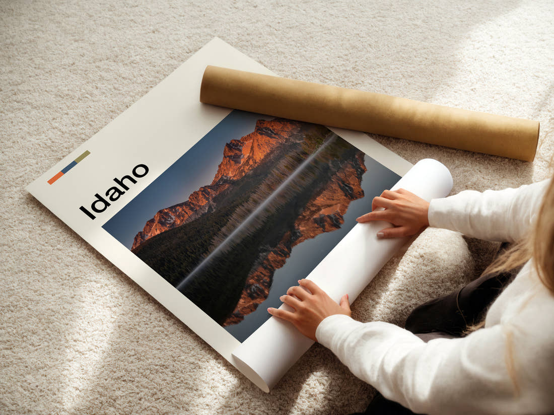 Idaho Sawtooth Mountains Reflected Travel Print being unrolled from its postal tube