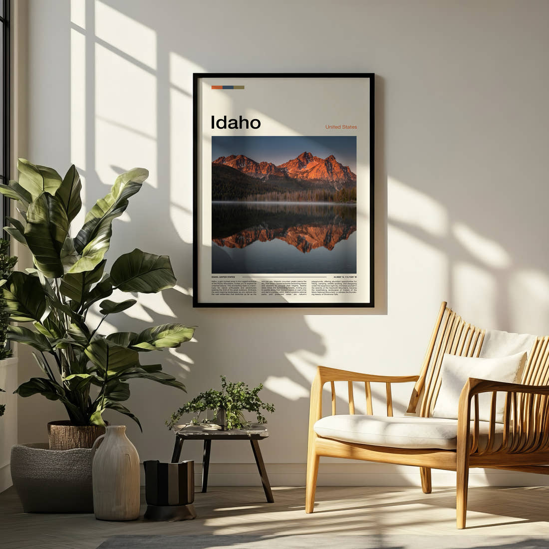 Idaho Sawtooth Mountains Reflected Travel Print framed on a pale wall beside houseplants