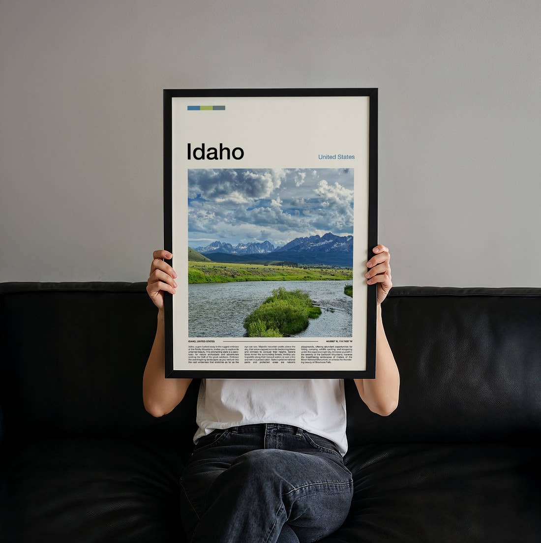 Idaho River Below Mountains Travel Print held up by hand to show the size of the print