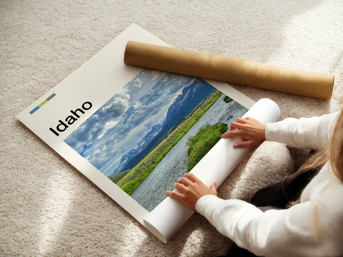 Idaho River Below Mountains Travel Print being unrolled from its postal tube