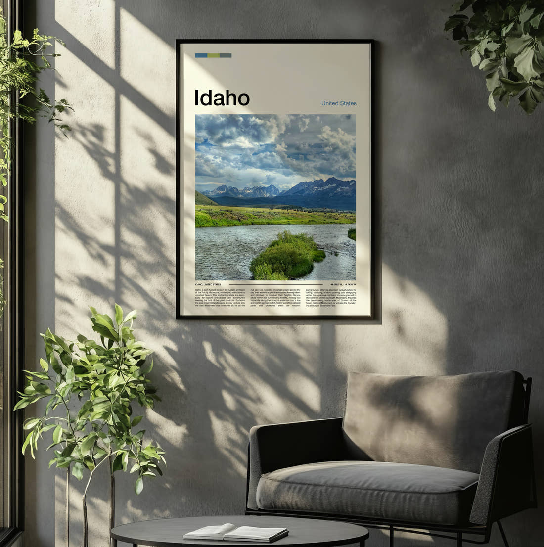 Idaho River Below Mountains Travel Print framed on the wall of a relaxed living room