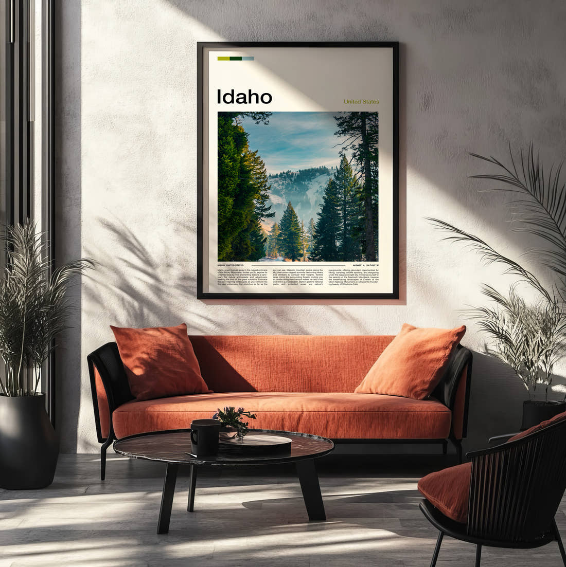 Idaho Pine Trees And Mist Travel Print framed on the wall of a modern living room