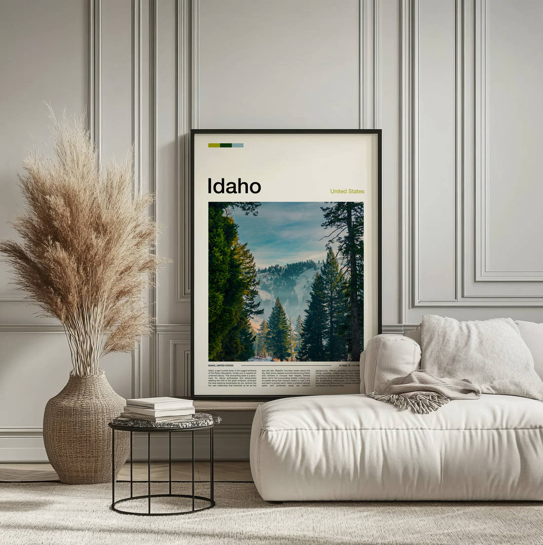 Idaho Pine Trees And Mist Travel Print framed on the wall of a calm, neutral bedroom