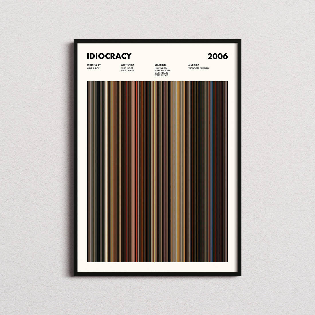 Idiocracy Movie Barcode Poster framed on a plain studio wall