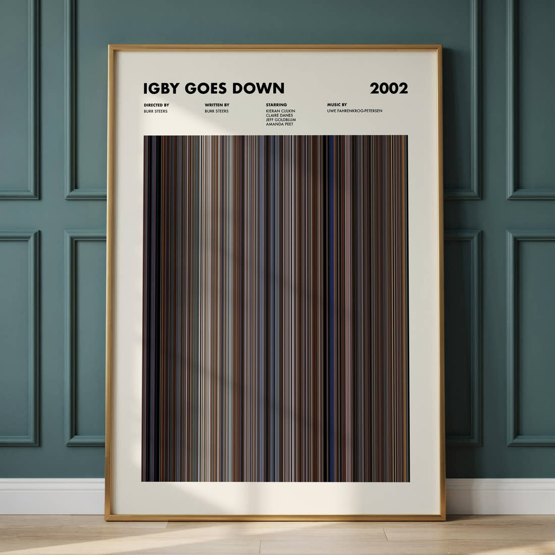 Igby Goes Down Movie Barcode Poster framed and leaning against a panelled wall