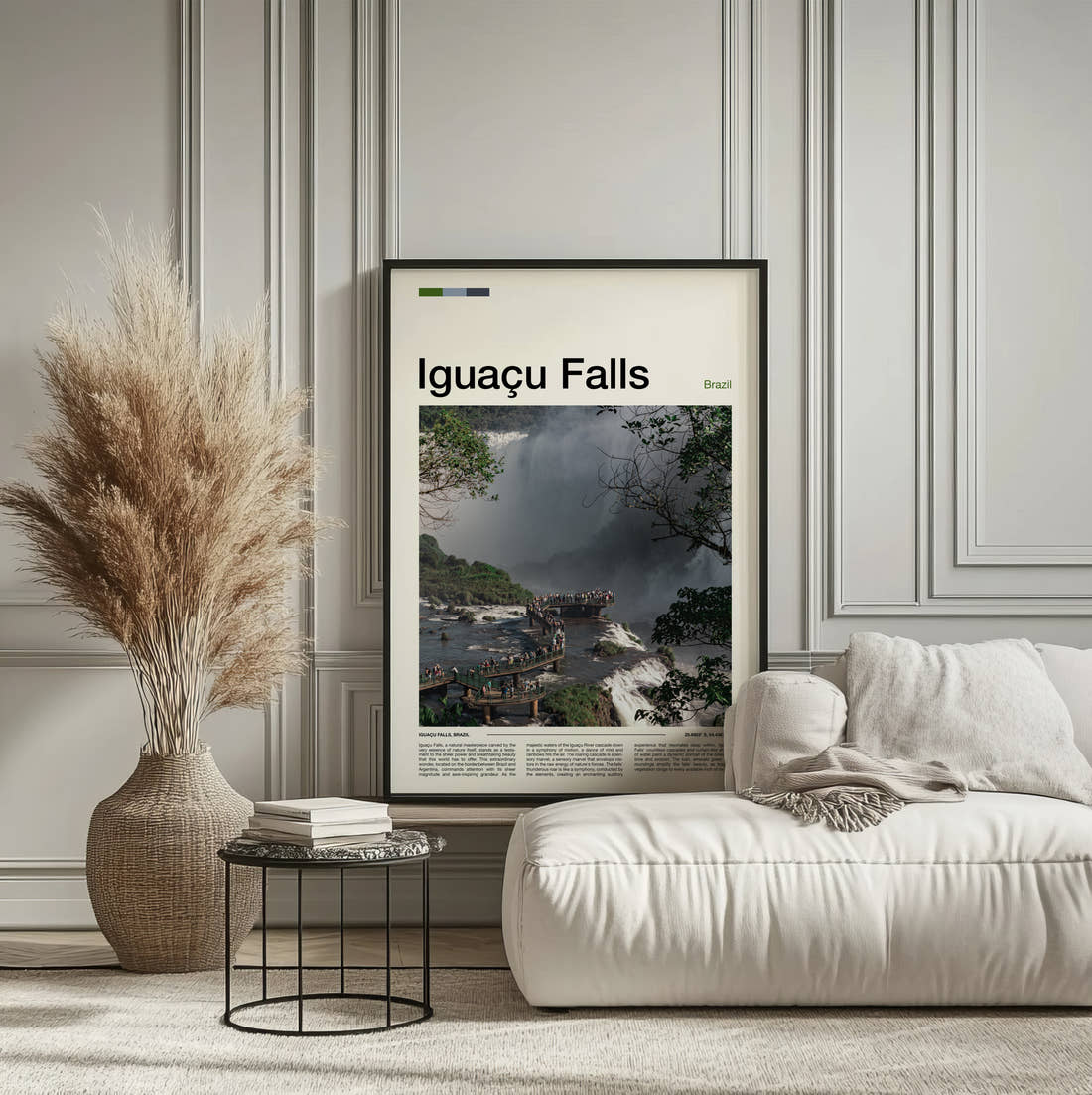 Iguacu Falls Waterfall Walkway Travel Print framed on the wall of a calm, neutral bedroom