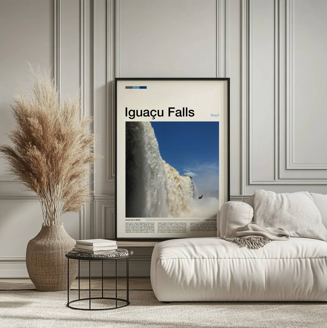 Iguacu Falls Waterfall Close Up Travel Print framed on the wall of a calm, neutral bedroom