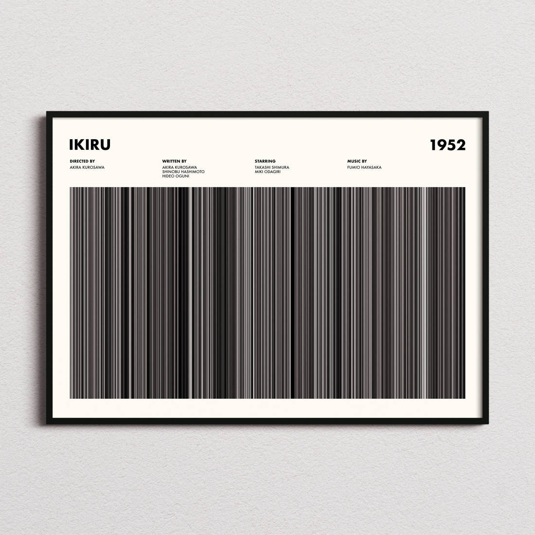 Ikiru Movie Barcode Poster framed and photographed straight on