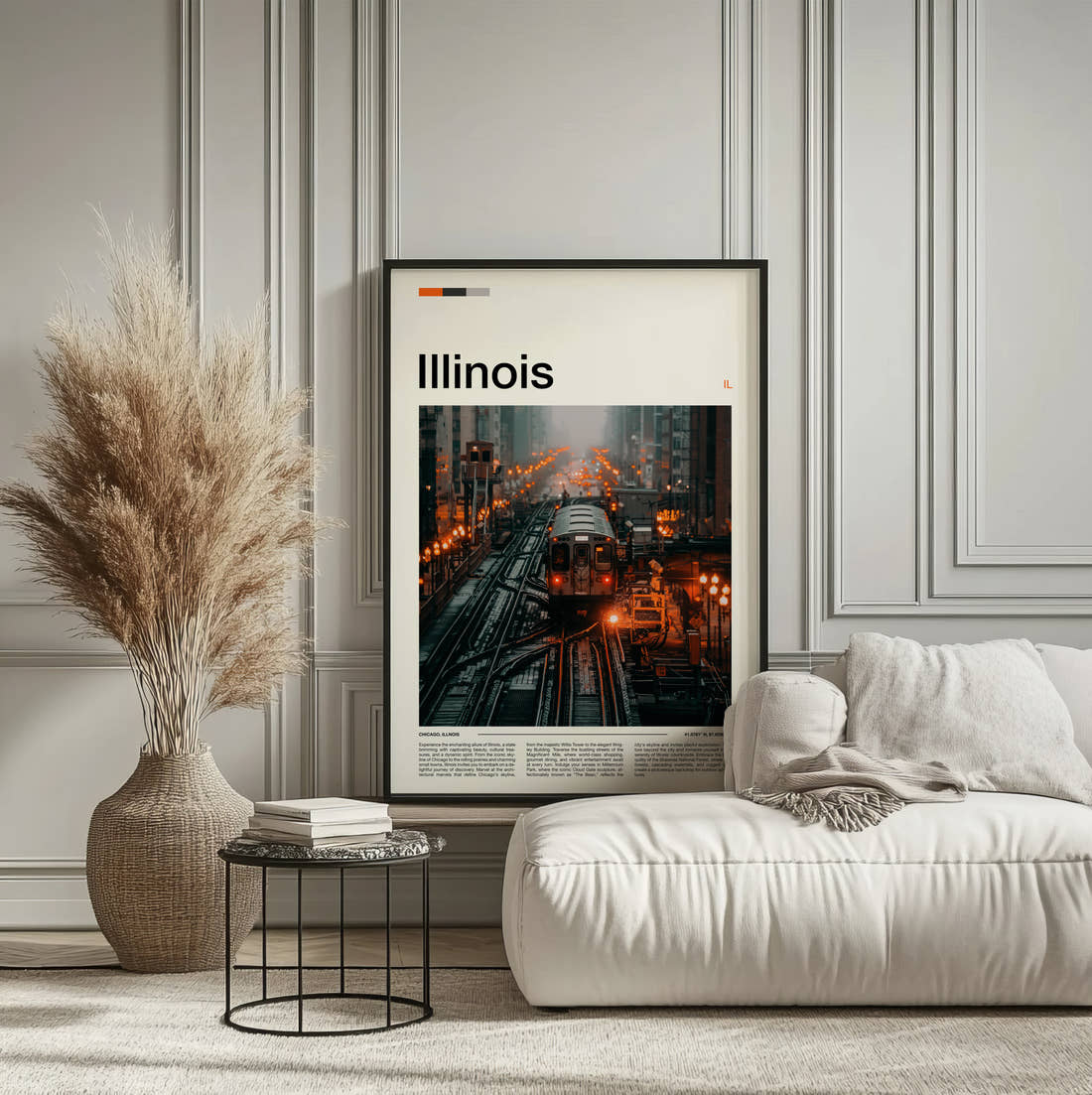 Illinois Elevated L Train Travel Print framed on the wall of a calm, neutral bedroom