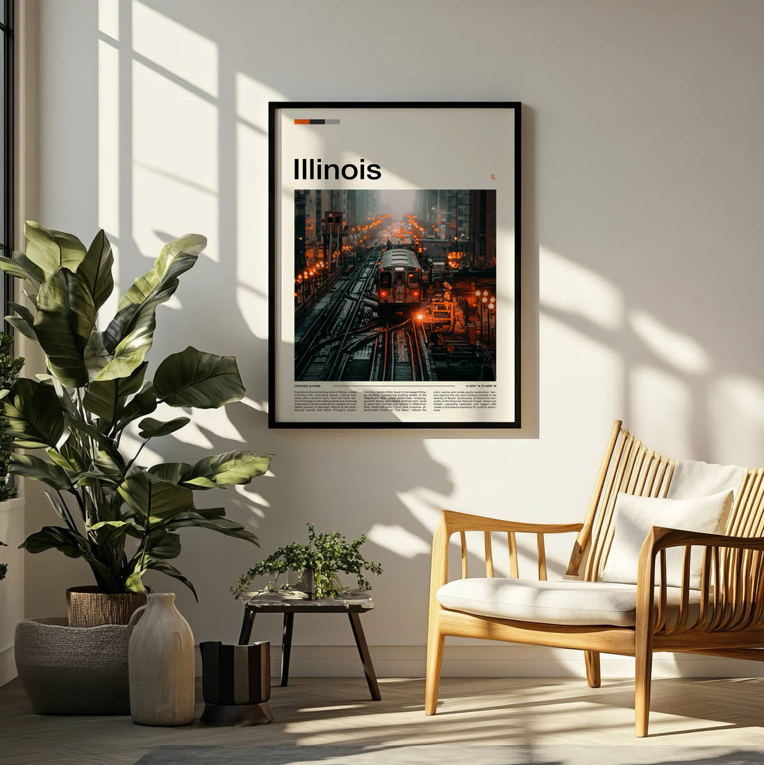 Illinois Elevated L Train Travel Print framed on a pale wall beside houseplants
