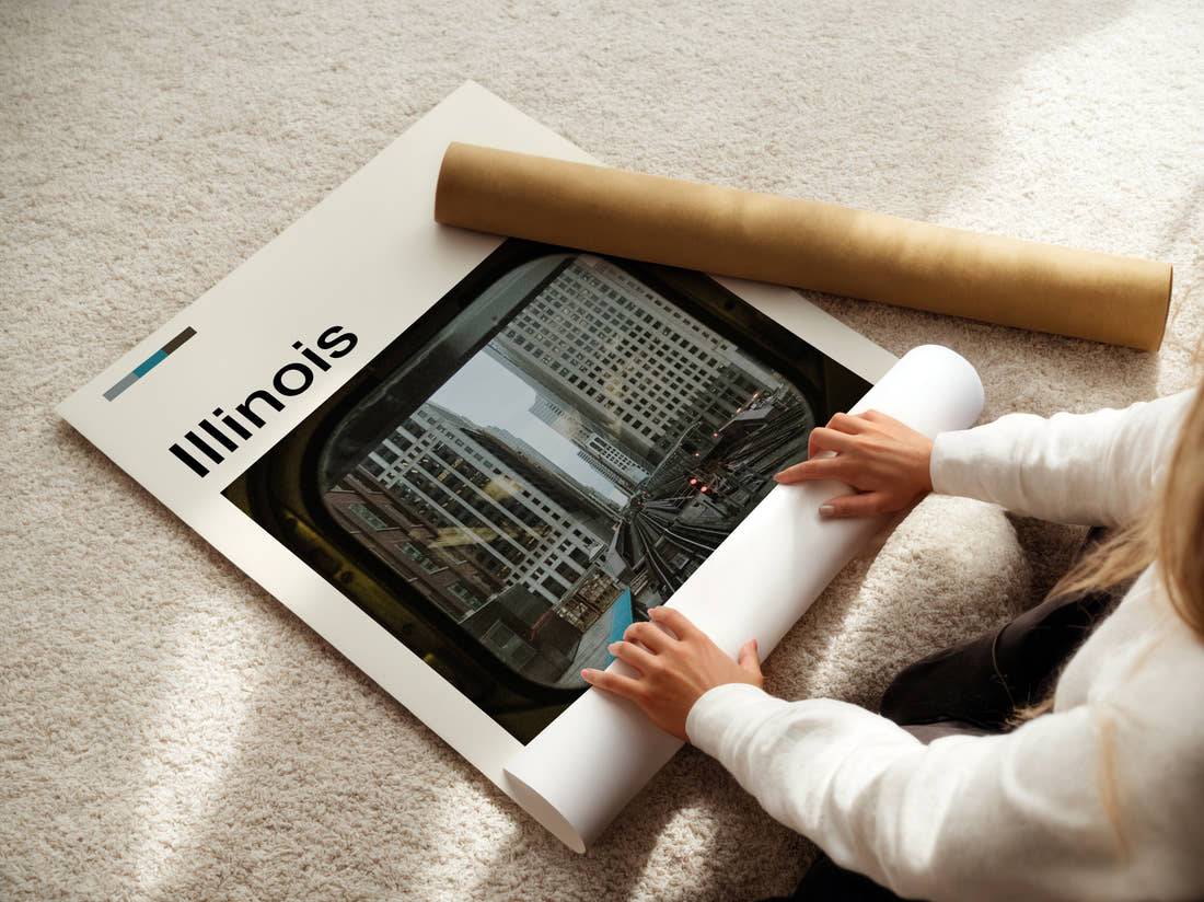 Illinois View From Train Window Travel Print being unrolled from its postal tube